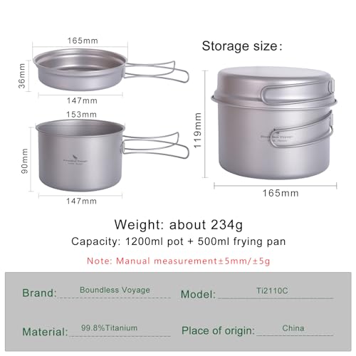 iBasingo Backpacking Cookset Titanium Camping Pots Set Ultralight Outdoor Picnic Pots Pans with Folding Handle Druable Portable Cooking Mess Kit Compact Picnic Dishes Bowls Cups (Multiple Sizes) - color: Ti2110C(1200ML+500ML)