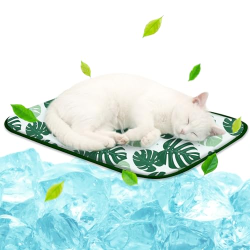 NWK Pet Cooling Mat -Q-Max>0.345 Ice Silk Cooling Mat for Dogs & Cats Portable & Washable Pet Cooling Blanket, Car Seats, Beds for Summer (Green Leaf, 20'' X 16'' X 0.3'') - color: Green Leaf, size: Small (20'' X 16'' X 0.3'')