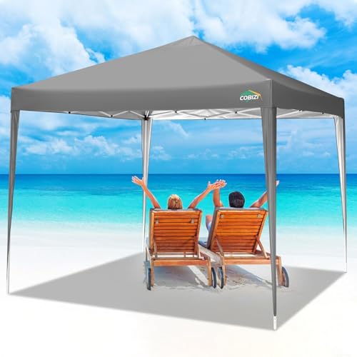 COBIZI 10x10 Pop Up Canopy Tent with 4 Sandbags, Easy Set Up Gazebo, Instant Outdoor Sun Shelter with 8 Stakes,4 Ropes&Carry Bag, Tent for Parties, Beach, Backyard,Camping(Gray - color: Gray, size: 10x10FT without sidewall