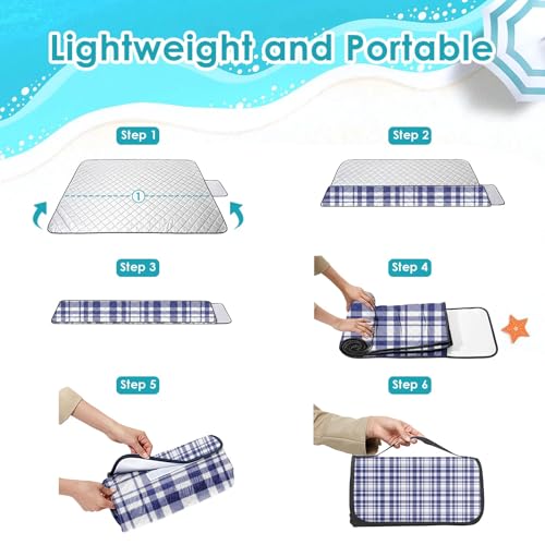 Waterproof Picnic Outdoor Blanket, 79" x 59" Sandproof Foldable Large Picnic Blanket for Beach, Camping, Park, Travel, Concert, Great Gift for Families and Couples (Blue Checkered) - color: Blue and White Checkered