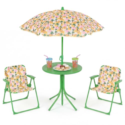 Costzon Kids Picnic Table, Kids Outdoor Table with 2 Folding Chairs, Height Adjustable Umbrella, Portable Children Outdoor Furniture for Patio, Garden, Backyard (Green Forest) - color: Green Forest