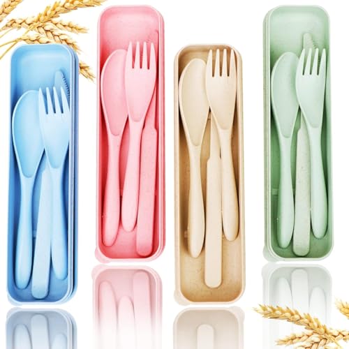 Travel Utensils Set with Case, Reusable Wheat Straw Portable Knife Fork Spoons Tableware, Eco-Friendly BPA Free Cutlery for Camping Picnic Utensils(Pink) - color: Pink
