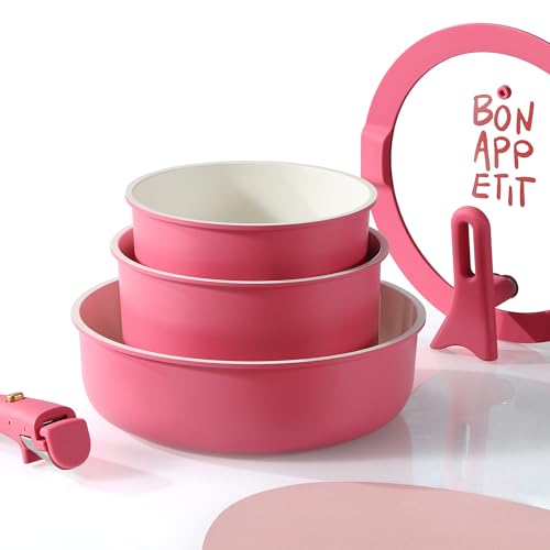 CAROTE 18Pcs Ceramic Cookware Set with Detachable Handle, Pots and Pans Set Non Stick, Non Toxic Kitchen Cooking Sets with Stand-Up Lid, PFAS and PFOA Free, Oven Safe, Induction Ready, Pink - color: Pink