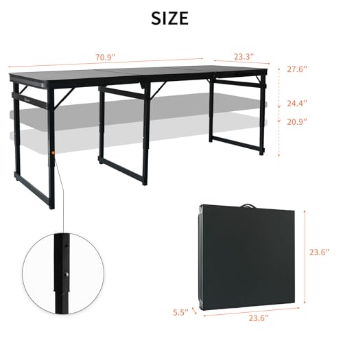 6FT x 2FT Folding Camping Table with Aluminum Alloy Legs, Adjustable Height Portable Outdoor Picnic Table for Camping, Travel, Parties, Kids Crafts, and Market Vendor Use - size: 6 ft x 2 ft × 2.3 ft H