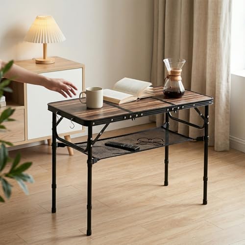 Folding Picnic Table 3ft Portable Camping Table with Adjustable Heights Lightweight Aluminum Foldable Small Card Table for Outdoor Indoor Camp Backyard BBQ - color: Wood Grain Pro Max 35.4”x 15.8”