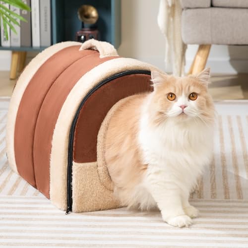 Hollypet Cat Bed Self-Warming 2 in 1 Foldable Kitty Cave Hut House Nest Pet Sleeping Bed, Crystal Velvet Pet Condo for Indoor Cats, Brown Arched Cave - color: Brown Arched Cave