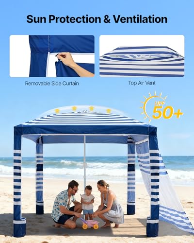 VEVOR Beach Cabana, 8 x 8 ft Beach Canopy with Side Wall, UPF 50+ Protection Easy Setup Cabana Tent with Sand Pockets, Adjustable Height Portable Shade Sun Shelter Umbrella for Family, Navy Stripes - color: Navy Stripes, size: 8*8