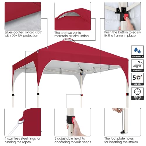 Yaheetech 10x10 Pop Up Canopy Tent with Vent, Easy Set Up Tent, Instant Sun Shelter Canopy with Wheeled Bag, 4 Sandbags, 12 Stakes & 4 Ropes, for Parties, Beach, Outdoor, Red - color: Red, size: 10x10