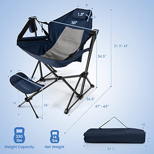 HAPPYGRILL Hammock Camping Chair Outdoor Folding Swinging Chair with Retractable Footrest, Cozy Head Pillow, Carrying Bag Included, Portable Lightweight Rocking Chair for Camping Fishing Picnic - color: Navy 1 Pack