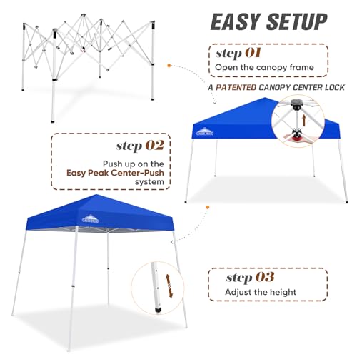 EAGLE PEAK 8x8 Slant Leg Pop-up Canopy Tent Easy One Person Setup Instant Outdoor Beach Canopy Folding Portable Sports Shelter 8x8 Base 6x6 Top (Blue) - color: Blue, size: 8x8