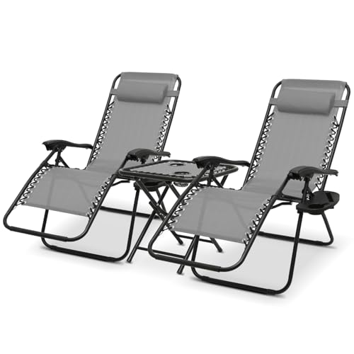 Athena Collection Zero Gravity Outdoor Lounge Chair Set of 2 with Side Table, 25" Width Pool Lounge Lawn Chairs Reclining with Cup Holder, Outdoor Chaise for Beach Patio Backyard Outside, Grey - color: Grey, style: 25" Width
