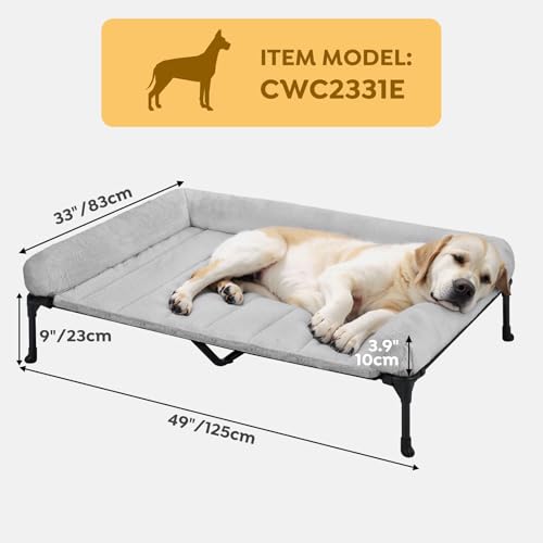 Veehoo Orthopedic Elevated Dog Bed with Fluffy Plush Bolster Cushion, Indoor Raised Dog Beds for Large Dogs, Soft Pet Sofa Cot with Removable Washable Mat, No-Slip Feet, 49 x 33 inches, Grey - color: Grey, size: 49.0"L x 33.0"W x 9.0"Th