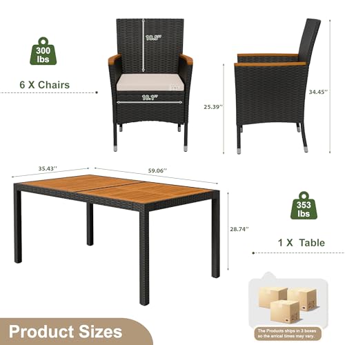 Devoko Dining 7 PCS Furniture, Patio Conversation Set with Acacia Wood Table Top, Outdoor, Beige Cushion and Black Rattan - color: Black, style: 7 Piece Dining Set