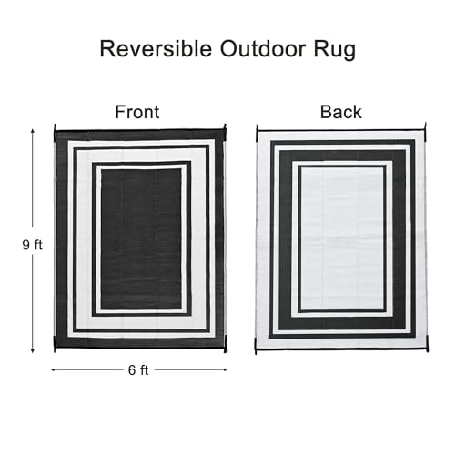 RURALITY Outdoor Rugs 6x9 Waterproof for Patios Clearance,Plastic Straw Mats for Backyard,Porch,Deck,Balcony,Reversible,Black and White - color: Panel-black&white, size: 6' x 9' (Rectangular)
