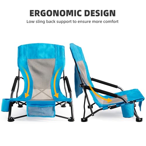 Portable Folding Beach Chair for Adults Set of 2 - Lightweight Low Back Sling Chair with Cup Holder & Storage Pocket, 300lbs Capacity Camping Chair for Outdoor Lawn (Blue) - color: Blue, size: 2 pcs