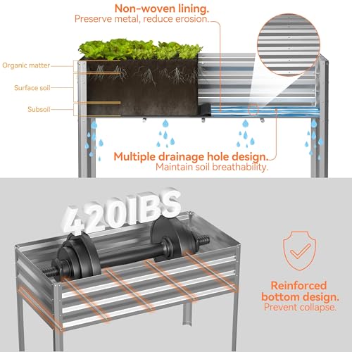 Lineware Galvanized Raised Garden Bed with Self-Watering System, Elevated Planter Boxes Outdoor with Legs and PE Cover for Vegetables and Flowers, Backyard, Patio, Balcony, 48x24x56 in - size: 48x24x56 in
