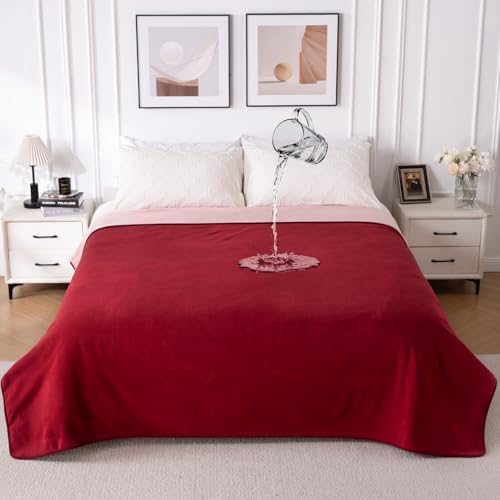 QiyI Waterproof Blanket for Bed King Size, Washable Reversible Bed Cover, Large Leakproof Stain-Resistant Furniture Protector for Travel & Camping, 80"x90", Burgundy/Pink - color: Burgundy/Rose Pink, size: 80"×90"