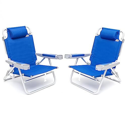 SUNNYFEEL Extra Wide 28" Low Beach Chair 2 Pack 5 Position Lay Flat, XL Oversized Portable Folding Camping Chairs with Cup Holder for Outdoor/Trip, Foldable Backpack Beach Chair for Adults - color: Navy Blue, size: 2-PACK
