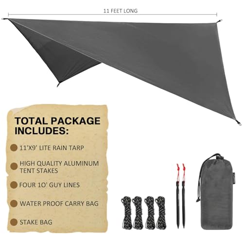 Hammock Tarp - Rain Tarp for Camping Hammock Tent 11 x 9 ft-Camping Gear Must Haves w/Easy Set Up Including Tent Stakes and Carry Bag