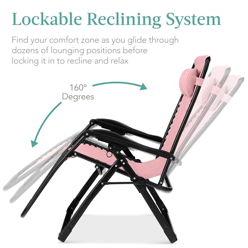 Best Choice Products Oversized Zero Gravity Chair, Folding Outdoor Patio Recliner, XL Anti Gravity Lounger w/Removable Cushion, Cup Holder, Side Tray, 350lb Capacity - Pink - color: Pink