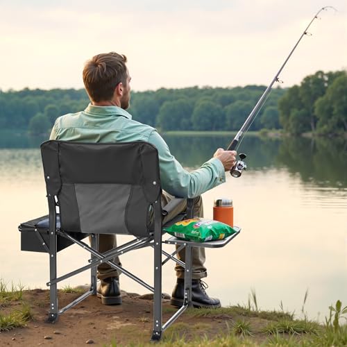 Fenbeli Oversized Folding Director Chair with Side Table and Cooler Bag - Portable Camping Chair with Cup Holder, Padded Armrests, 400LBS Capacity for Outdoor Camping, Lawn, Picnic (Black) - color: Black