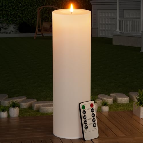 BUTHY 14" x 4" Large Outdoor Candle with Timer Waterproof Flickering LED Flameless Candle Battery Operated with Remote Fake Pillar Candle Realistic for Patio Porch Lantern, White 1 Pack - color: White, size: 14in-1Pack