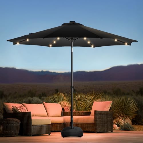 wikiwiki 9FT Solar Led Patio Umbrella with Base Included, 32 LED Lights, 8 Sturdy Ribs, Fade Resistant Waterproof POLYESTER DTY Canopy for Garden, Lawn, Deck, Backyard & Pool, Black - color: Black, size: 9FT