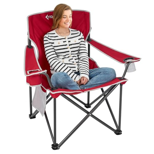 KingCamp Oversized Camping Chair, Portable Folding Outdoor Chairs with Comfortable Padded Seat, Side Pocket and Cup Holder for Fishing, Tailgates, Beach, Lawn, RED - color: Light Red