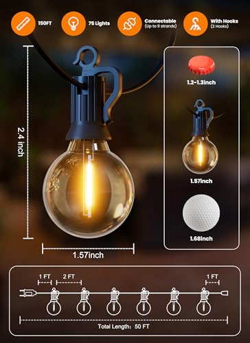 Outdoor String Patio Lights, 150FT 75 LED Patio Lights Waterproof, Connectable Shatterproof Hanging Outside String Light for Backyard, Porch, Deck, Balcony, Garden, House Decor, 2200K - size: 150ft
