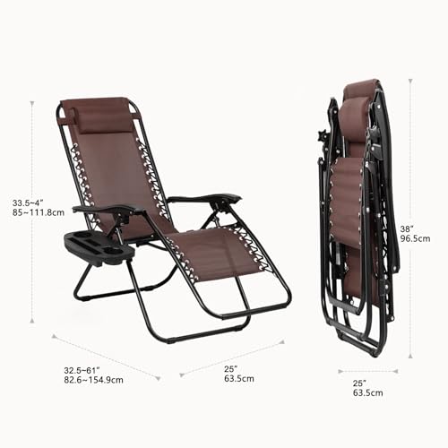 Nazhura Set of 2 Relaxing Recliners Patio Chairs Adjustable Steel Mesh Zero Gravity Lounge Chair Beach Chairs with Pillow and Cup Holder Khaki (Brown) - color: Brown