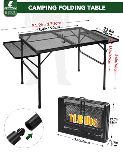 3ft Folding Camping Table with Wing Panels, Metal Mesh Grill Table,2 Adjustable Heights,Folding Table with Storage Net, Paper Towel Holder, Hooks, Trash Bag Rack, for Picnic,Camping,BBQ,Beach(Black) - color: 3ft With Wing Panels