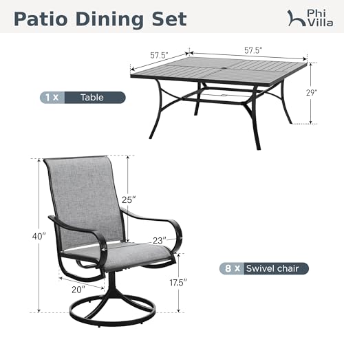 PHI VILLA 9 Piece Outdoor Patio Dining Set, Large Square Metal Dining Table and 8 Outdoor Swivel Dining Chairs, Patio Table and Gray Chair Furniture Dining Set for 8 Person - color: Grey Fabric, size: 60"L x 60"W x 29"H-9 Piece-Metal