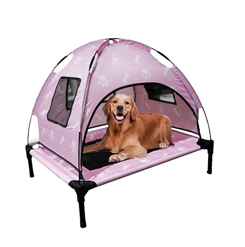 Elevated Covered Dog Bed - 36" x 36" x 30" - Dog Shade Canopy Lounger for Small & Large Dogs (Up to 110 lbs) - Portable & Durable - Cooling, UV & Water Resistant with Mesh Windows - Pastel Pink - color: Pastel Pink