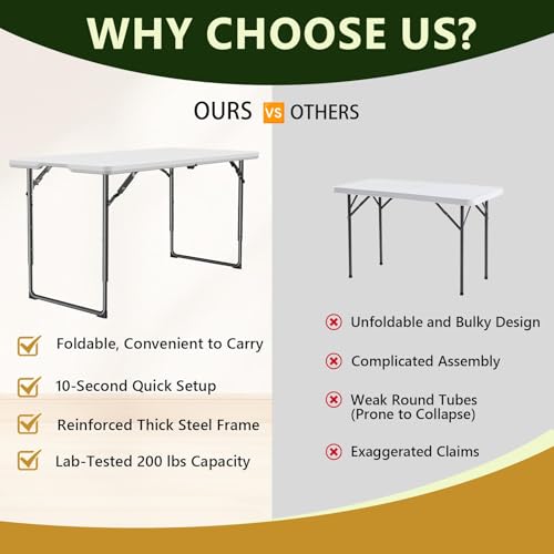 Folding Table, 4FT Foldable Picnic Table with Adjustable Height, Heavy Duty Fold-in-Half Portable Table for Weddings, Camping, RV Travel, Parties, BBQs, and Indoor Use, Easy to Fold and Store - color: White, size: 4FT