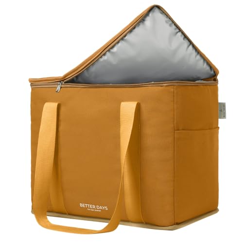 Reusable Insulated Grocery Bag - Canvas, Leak Proof, X Large Cooler Bag, Insulated Shopping Bags for Groceries, Travel Cooler Bag for Frozen and Hot Food with Zippered Top (Caramel) - color: Caramel
