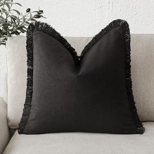 Foindtower Decorative Linen Fringe Throw Pillow Covers Cozy Boho Farmhouse Cushion Cover with Tassels Soft Accent Pillowcase for Chair Sofa Bed Living Room Home Decor, 16×16 Inch, 1PC, Black - color: Black, size: 16" x 16" (Pack of 1)