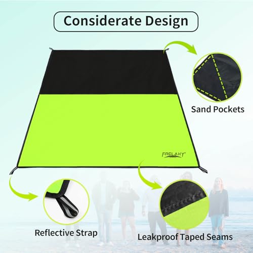 Frelaxy Pocket Picnic Blanket, Waterproof Sandproof Beach Mat, Compact Camping Tarp for Festivals, Hiking, Travel, Outdoor Recreation (Neon Green & Black, 57'' x 60'') - color: Neon Green & Black, size: 57'' X 60''