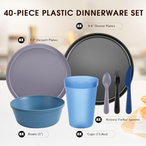 40 Piece Plastic Dinnerware Set for 8 with Cutlery, Unbreakable Plates and Bowls Set, Dishwasher & Microwave Safe Reusable Dish Set for Camping, RV, Outdoor Kitchen, Apartment Dining,Ocean Multicolor - color: Modern