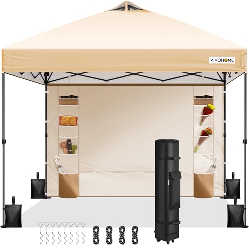 VIVOHOME 10x10ft Pop Up Canopy Tent with Sidewall and 6 Pockets, One Push Setup Outdoor Portable Shelter Tent Heavy Duty with Wheel Carry Bag and 4 Sandbags, Beige - color: Beige