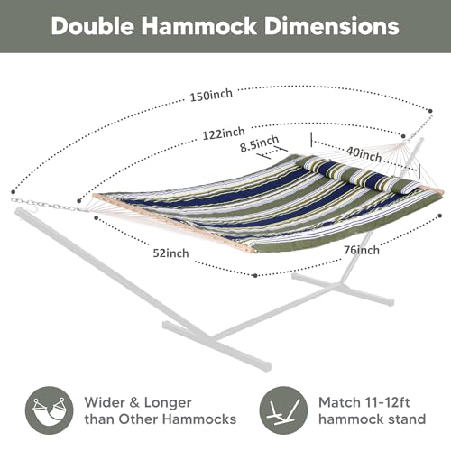 SUNCREAT Hammocks Outdoor Double Hammock with Hardwood Spreader Bar, Cotton Rope Hammock with Polyester Pad, Blue&Aqua - color: Blue&aqua