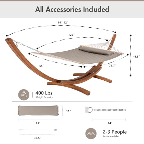 ANOW 13.5FT Curved Wooden Stand with Quilted Hammock, Heavy Duty Larch Wood Arc Stand with 2 Chains, 4 Balance Ropes and 4 Carabiners, Includes Light Brown Hammock with Spreader Bars - color: Light Brown-quilted