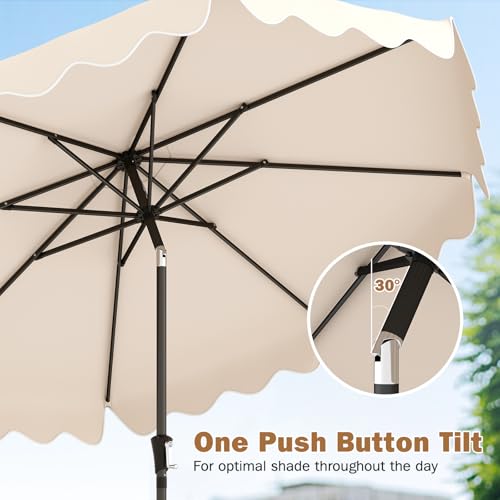 Tangkula 9 FT Patio Umbrella with Base Included, 2-Tiers Outdoor Scalloped Table Umbrella with 2 Sandbags, Tilt Adjustment, Crank, 8 Ribs for Market Backyard Pool Deck Beach Lawn - color: Beige, size: 9 FT