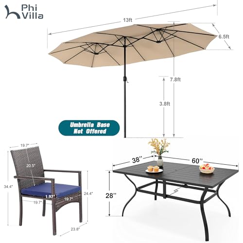 PHI VILLA 7 Piece Patio Dining Set with Umbrella, 60” Rectangular Metal Dining Table & 6 Cushioned Rattan Wicker Chairs & 13ft Large Beige Umbrella for Outdoor, Deck, Yard, Porch - color: Beige, size: 7 PCS 60" Steel Table