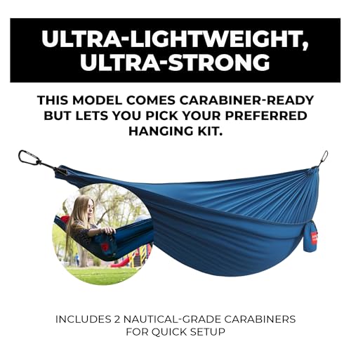 GRAND TRUNK Ultralight Camping Hammock | Single Portable 9’6” Ripstop Polyester Hammock with Carabiners | 12 oz Lightweight for Hiking & Travel | Blue - color: Blue
