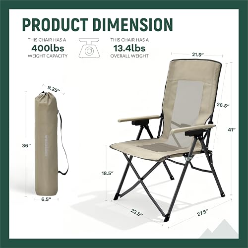 OUTSIDER 3-Position Portable Camping Chair- Heavy Duty 350 lb, Breathable Mesh, Outdoor Folding Chair for Camping, Lawn, Backyard - Includes Carry Backpack & Quick-Hook Ports