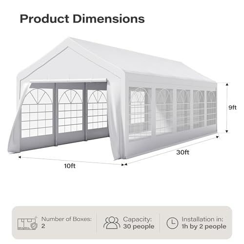 LAUSAINT HOME 10x30 Party Tent with 100ft Lights, Heavy Duty Waterproof Canopy with Removable Sidewalls & Roll-Up Door, Large White Event Shelter with Steel Frame for Wedding, Backyard, BBQ, Camping - size: 10x30 with 100ft Lights