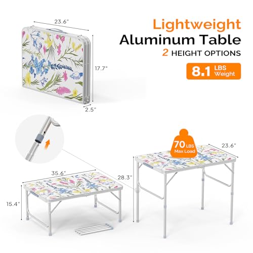 VINGLI 3FT Small Folding Camping Table Adjustable Height Aluminum Folding Table for Picnic Party BBQ, Plastic RV Suitcase Table Portable Lightweight Fold Up Utility Outdoor Tables - color: Flower, size: 3ft