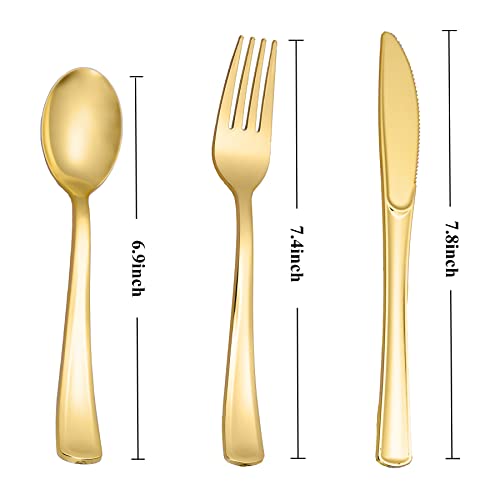 N9R 500PCS Gold Plastic Silverware - Gold Plastic Cutlery Set Disposable Flatware Dinnerware -200 Forks, 150 Spoons, 150 Knives for Party, Birthday, Wedding Utensils - color: Gold-500Pack