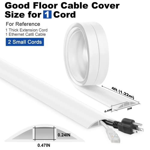 4FT Cord Cover Floor, White Cord Hider Floor, Extension Cable Cover Power Cord Protector Floor, Cable Management Hide Cords on Floor- Soft PVC Wire Covers - Cord Cavity: 0.47" (W) x 0.24" (H) - color: White, size: W2" × L4'