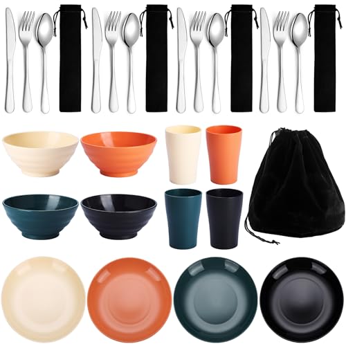 Kyraton Camping Utensils - Mess Kit for Travel, Picnic, Outdoor, Camping Gear - Silverware Set, Cup, Bowl, Plate - Essentials for 4 - color: C. 4 Person